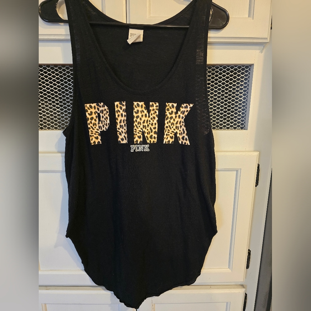 PINK Victoria's Secret Black Tee with Leopard Logo